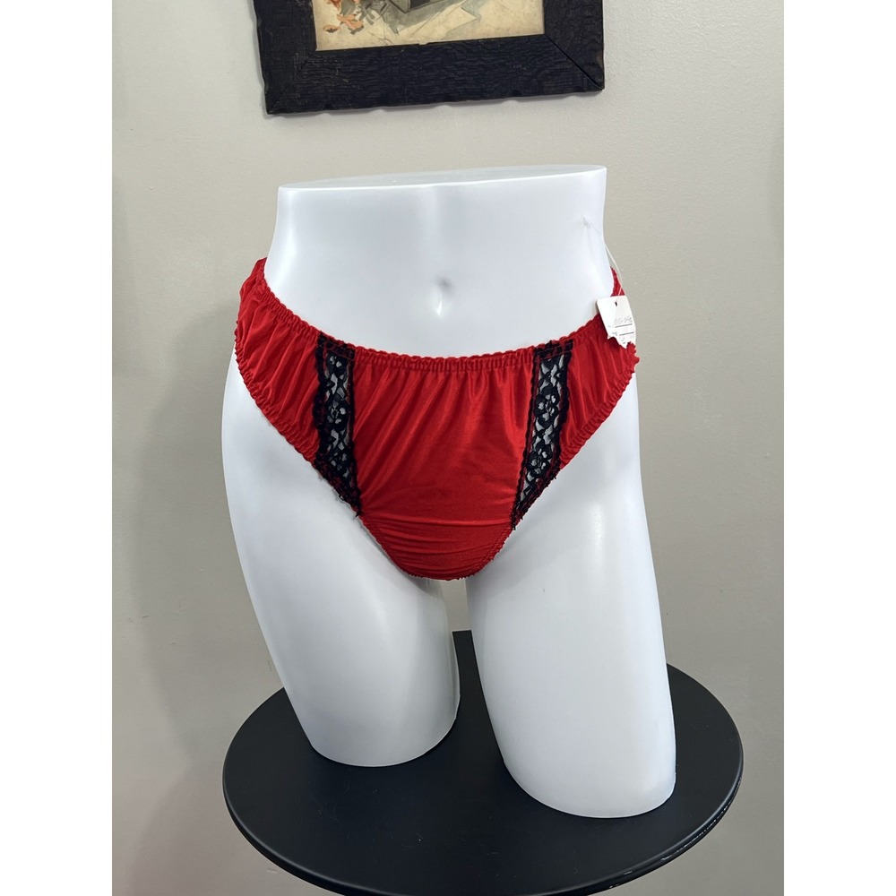 Vintage Red Satin Black Lace Trim Thong Panties Size Small